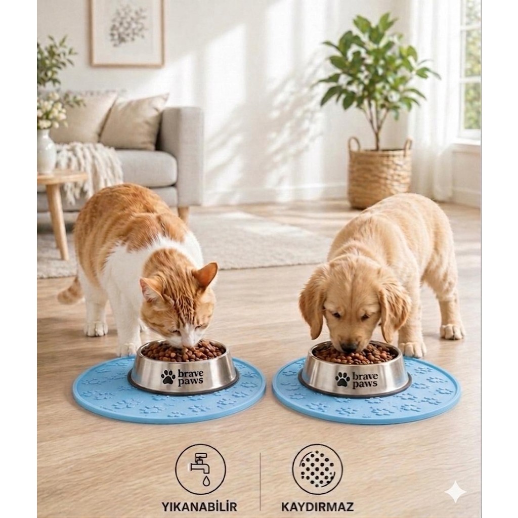 Brave Paws Silikon Mama Matı Kedi & Köpek Için | Kaymaz, Yıkanabilir, Havuzlu Mama Altlığı - Mavi Diğer Fiyatı