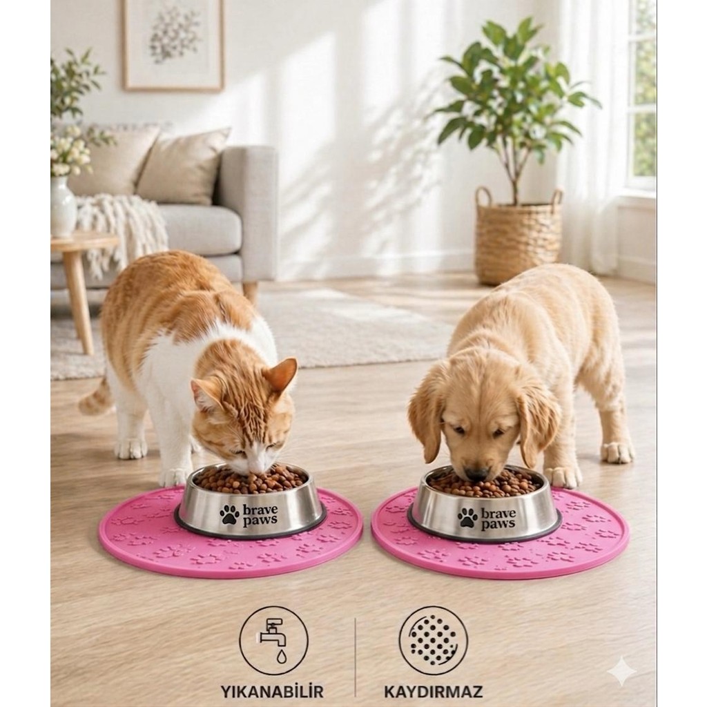 Brave Paws Silikon Mama Matı Kedi & Köpek Için | Kaymaz, Yıkanabilir, Havuzlu Mama Altlığı - Pembe Diğer Fiyatı