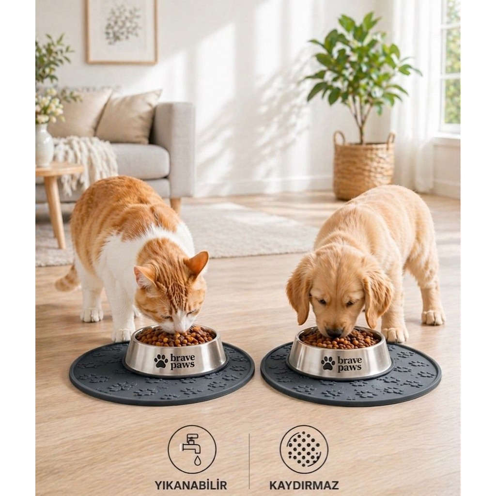 Brave Paws Silikon Mama Matı Kedi & Köpek Için | Kaymaz, Yıkanabilir, Havuzlu Mama Altlığı - Siyah Diğer Fiyatı