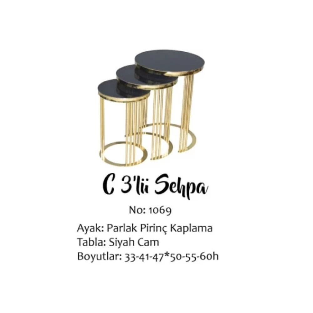 Brc Zigon 14063 C Model 3 Lü Düz Siyah Temper Cam Metal Gold Renk Kaplama Elyapım Tv Ünitesi / Sehpası Fiyatı