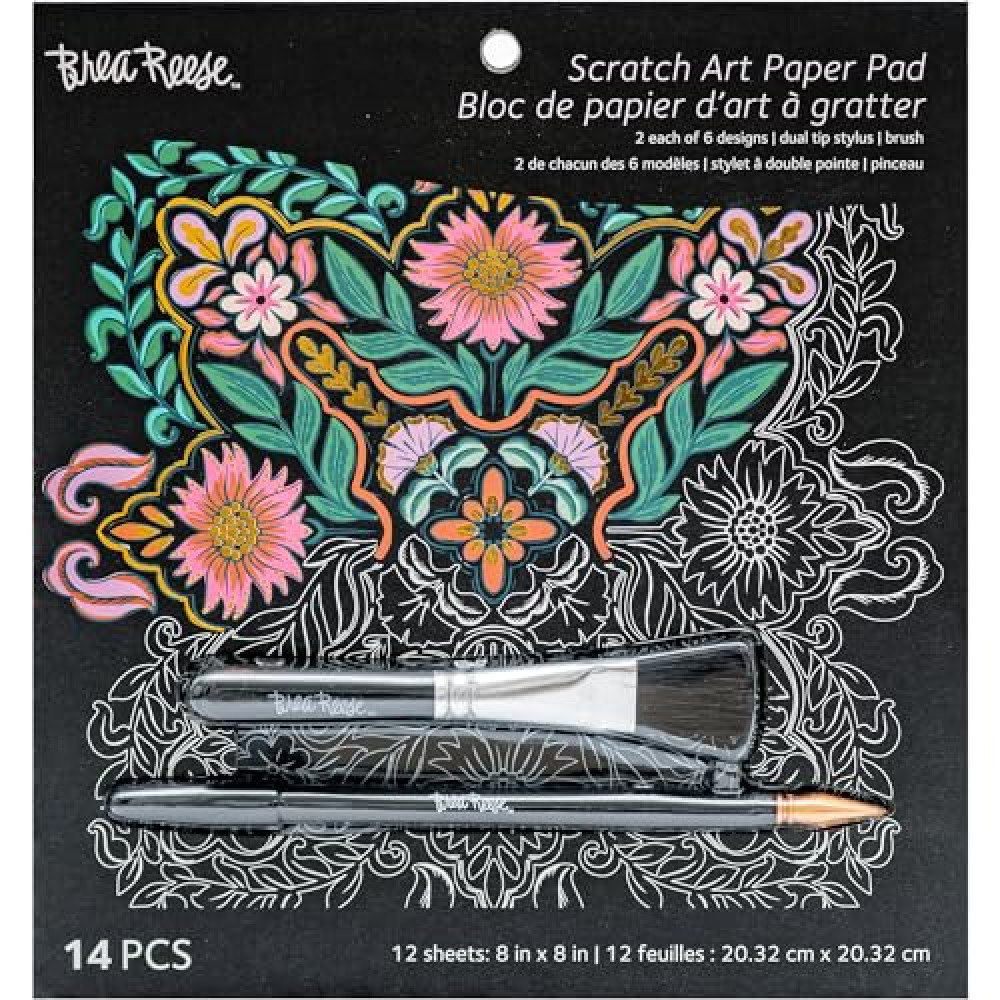 Brea Reese® Scratch Art Paper Pad - Mandala 8x8, 12 Designs, Metallic Guided Art Craft, Easy to Frame Art & Home Decor, Mindful Relaxation