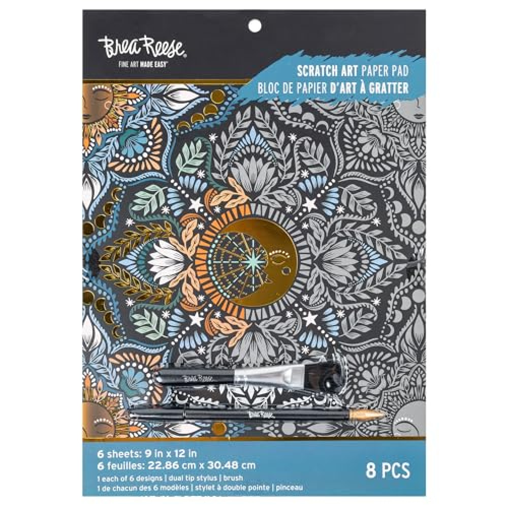 Brea Reese: Scratch Art Paper Pad - Moon & Sun - 6 Designs, Metallic Guided Art, Dual-Tip Stylus & Brush, Easy-to-Frame 9x12 Pages, Adult Craft Kit