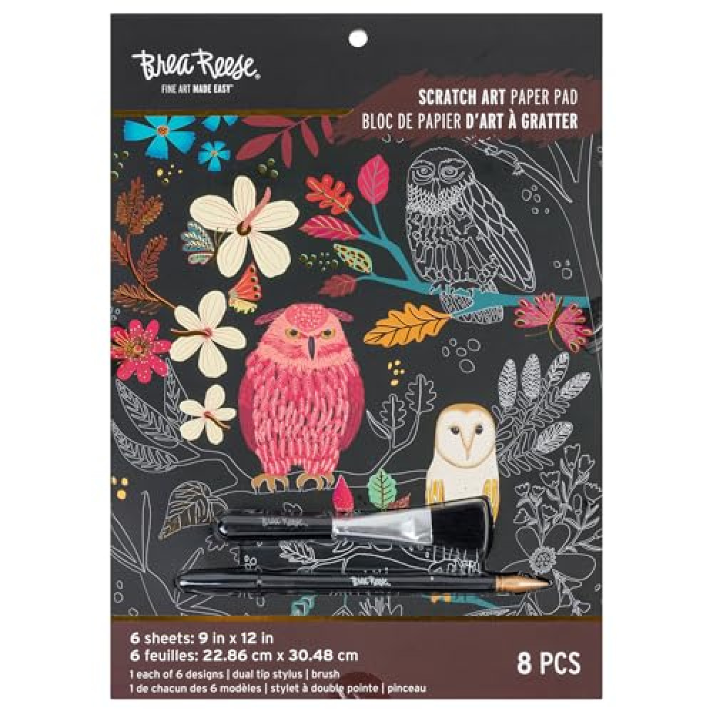 Brea Reese: Scratch Art Paper Pad - Owl & Moon - 6 Designs, Metallic Guided Art, Dual-Tip Stylus & Brush, Easy-to-Frame 9x12 Pages, Adult Craft Kit