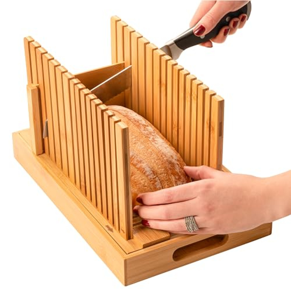 Bread Slicer for Homemade Bread - Adjustable Width Bread Cutter for Cakes, Bagels, Loaves - Bamboo Bread Accessories Manual Cutting Guide and Crumb Tray - Kitchen Gadgets & Gifts (Knife Not Included)