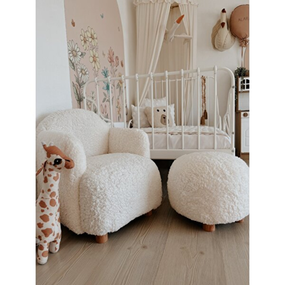 Breda Home Teddy Kumaşlı Ahşap Ayaklı Çocuk Bebek Koltuğu Sandalyesi ve Pufu - Beyaz - Krem Bebek-Çocuk Odası Fiyatı