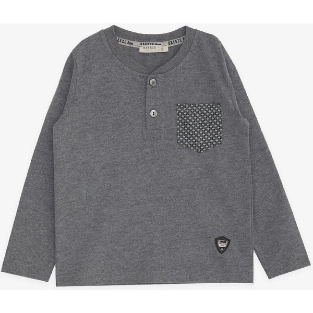 Breeze Erkek Bebek Uzun Kollu Tişört Cepli Düğmeli Armalı 9 Ay-3 Yaş, Koyu Gri Melanj Bebek T-shirt Fiyatı