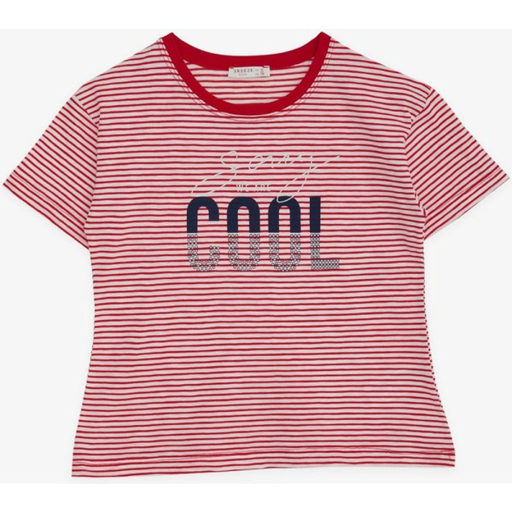 Breeze Kız Çocuk Tişört Çizgili Yazı Baskılı Simli 9-16 Yaş, Kırmızı Kız Çocuk T-shirt Fiyatı