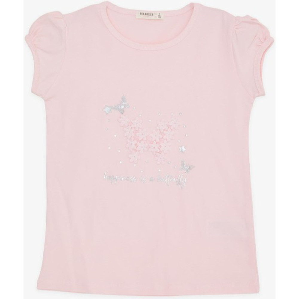Breeze Kız Çocuk Tişört Kelebek Baskılı Nakışlı Pembe (4-7 Yaş) Kız Çocuk T-shirt Fiyatı