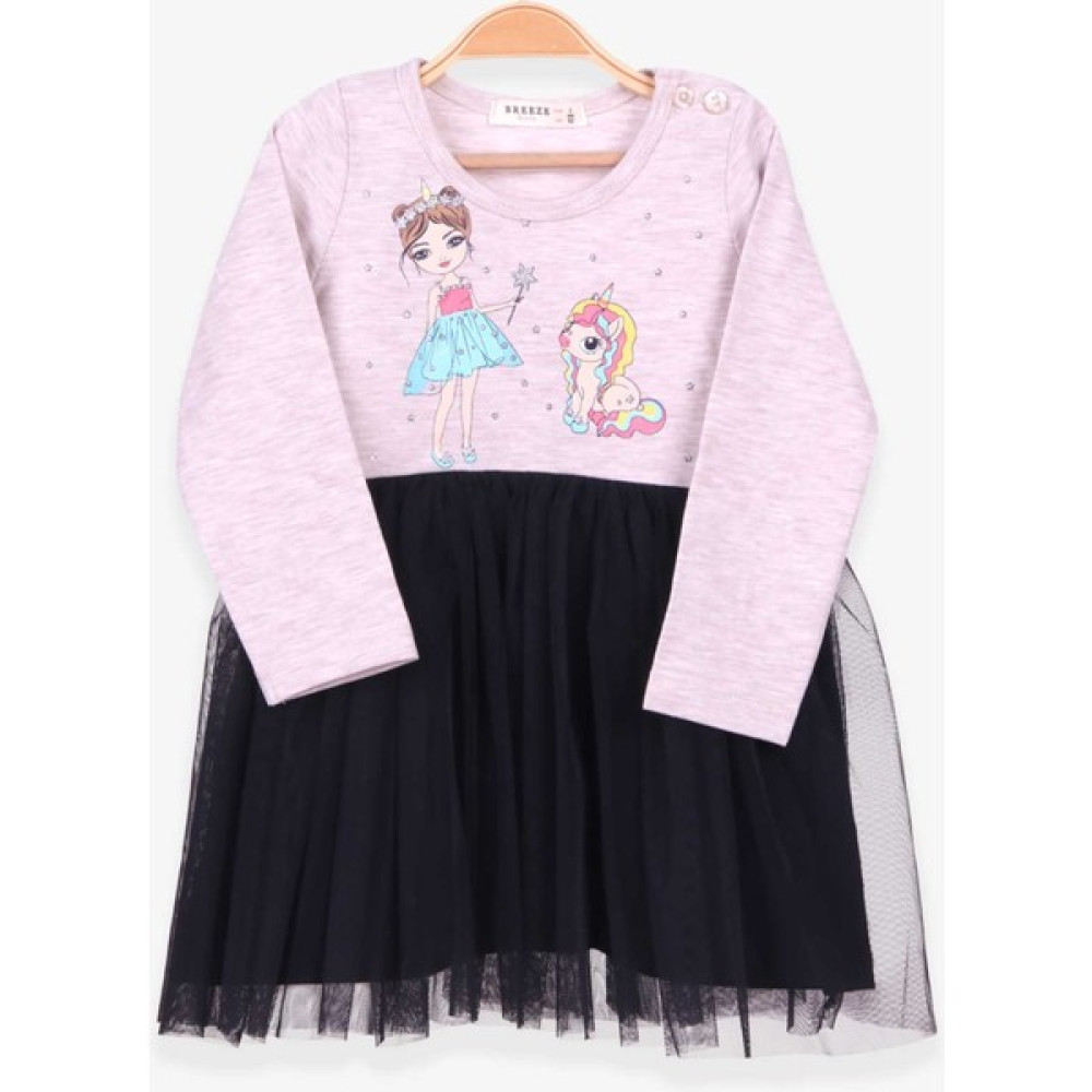 Breeze Kız Çocuk Uzun Kollu Elbise Unicorn Baskılı Bej Melanj (2-6 Yaş) Kız Çocuk Elbise Fiyatı
