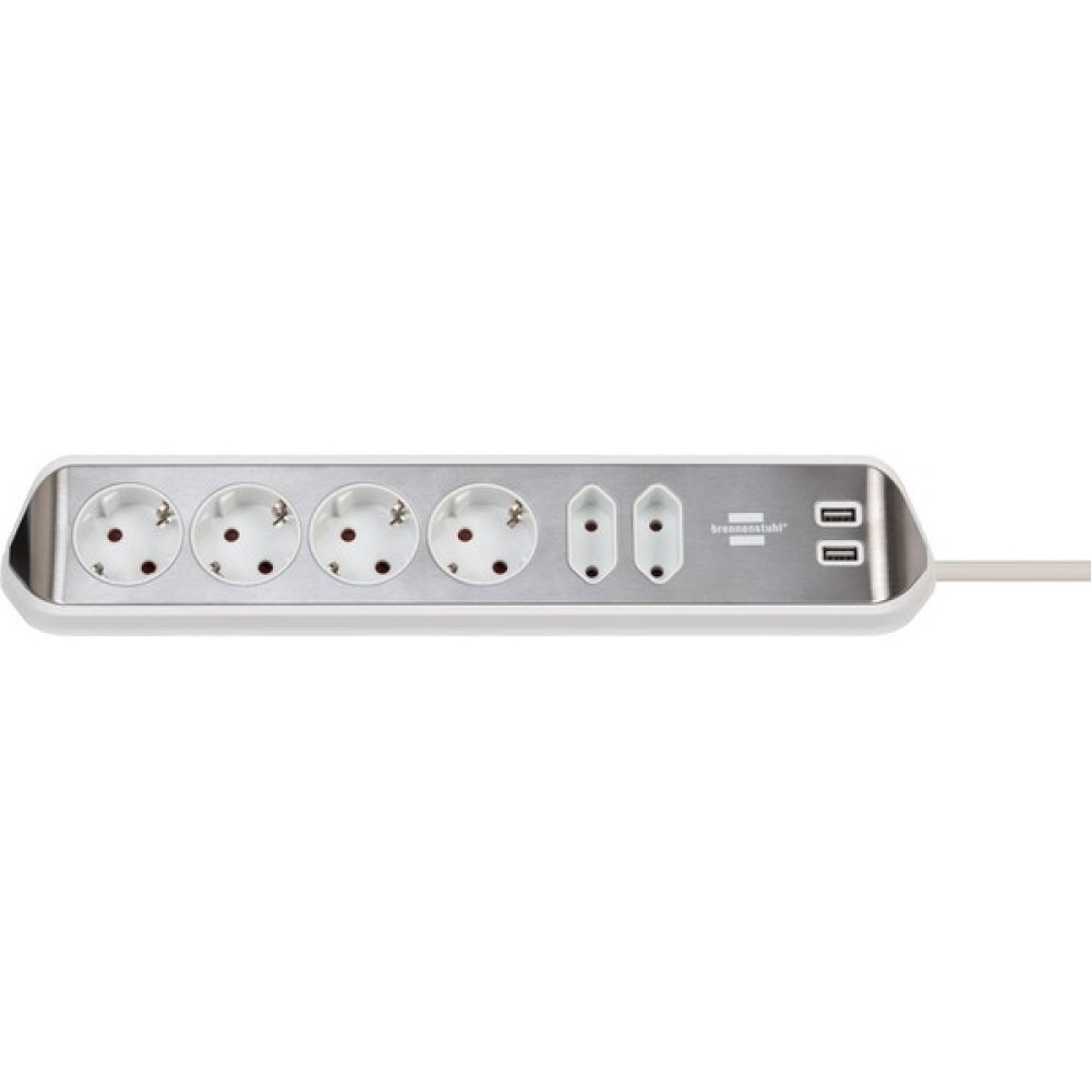 Brennnestuhl Brennenstuhl Estilo Mutfak ve Ofis İçin Çelik Yüzeyli Köşeli 6 Soketli 2 USB Li 2 mt Uzatma Kablo Beyaz Prizler Fiyatı