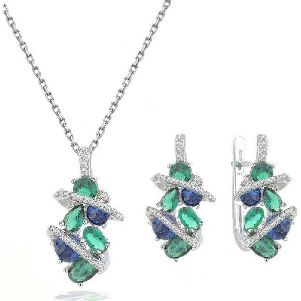 Brezza Lusso Zümrüt Oval Taşlı Luxury Kadın Gümüş Kolye Küpe Set Gümüş Kolye Fiyatı