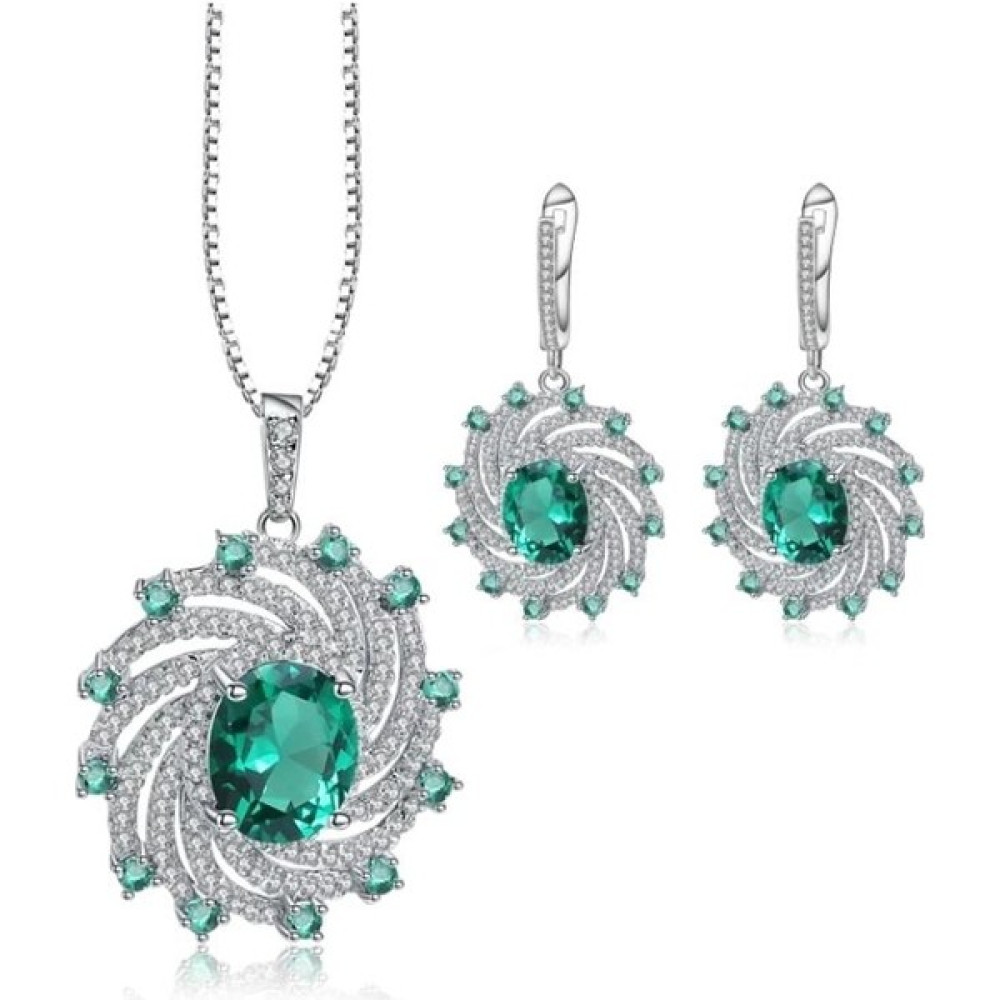 Brezza Lusso Zümrüt Oval Taşlı Luxury Vintage Kadın Gümüş Kolye Küpe Set Gümüş Kolye Fiyatı