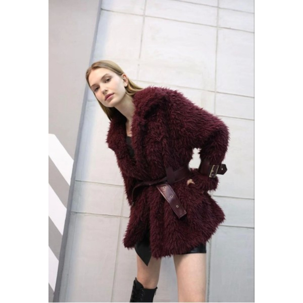 Brg İlki Brg Clothing Bordo Tasarım Özel Dikim Yumuşacık Kürk Mont Peluş Ithal Astarlı Kemerli Bayan Mont Fiyatı