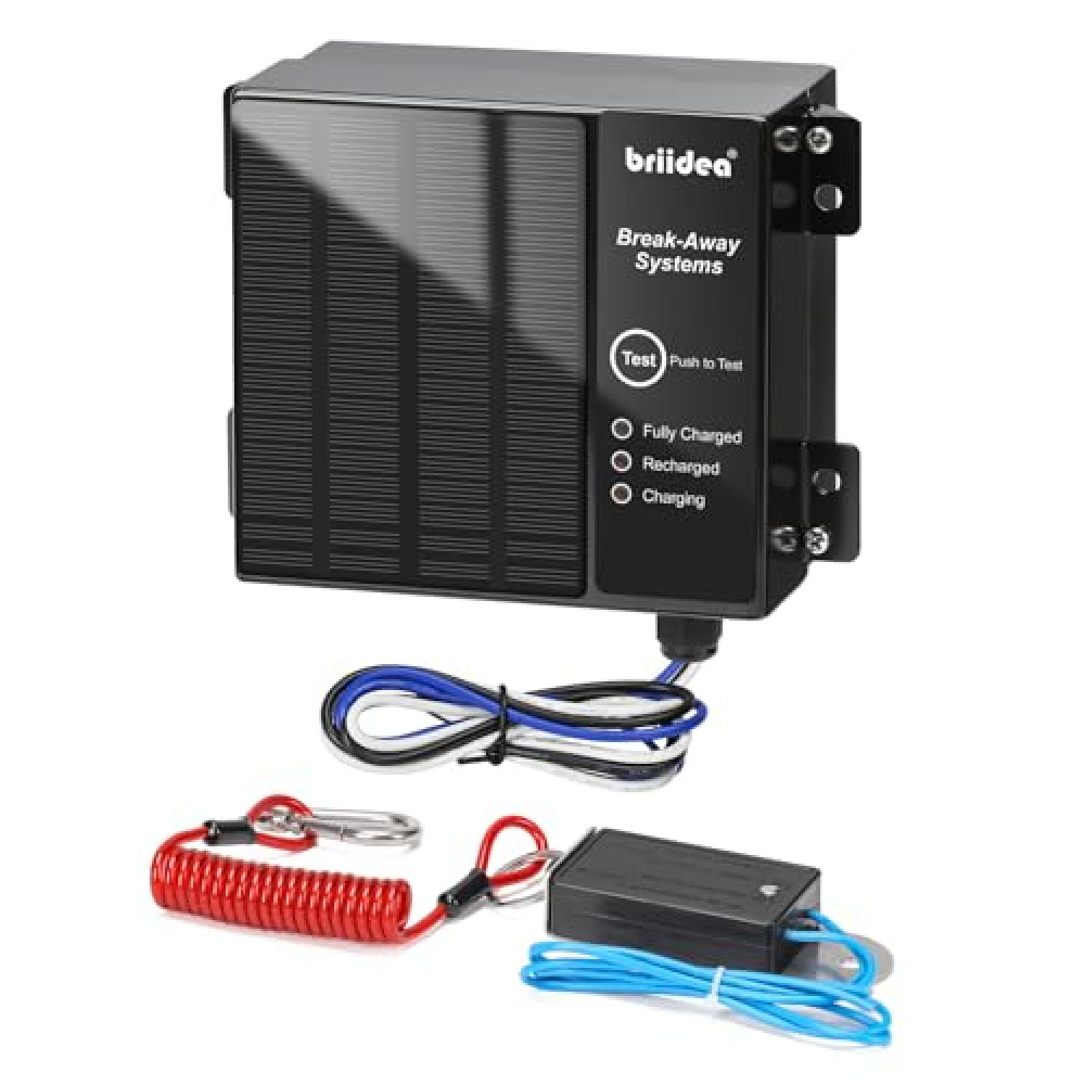 briidea Solar Trailer Brakeaway Kit, Trailer Brakes Breakaway Kit Built-in Solar Panel, Includes 12V 5AH Battery, Charger, LED Indicator, Metal Waterproof Enclosure, for Safe Towing & Driving Safety