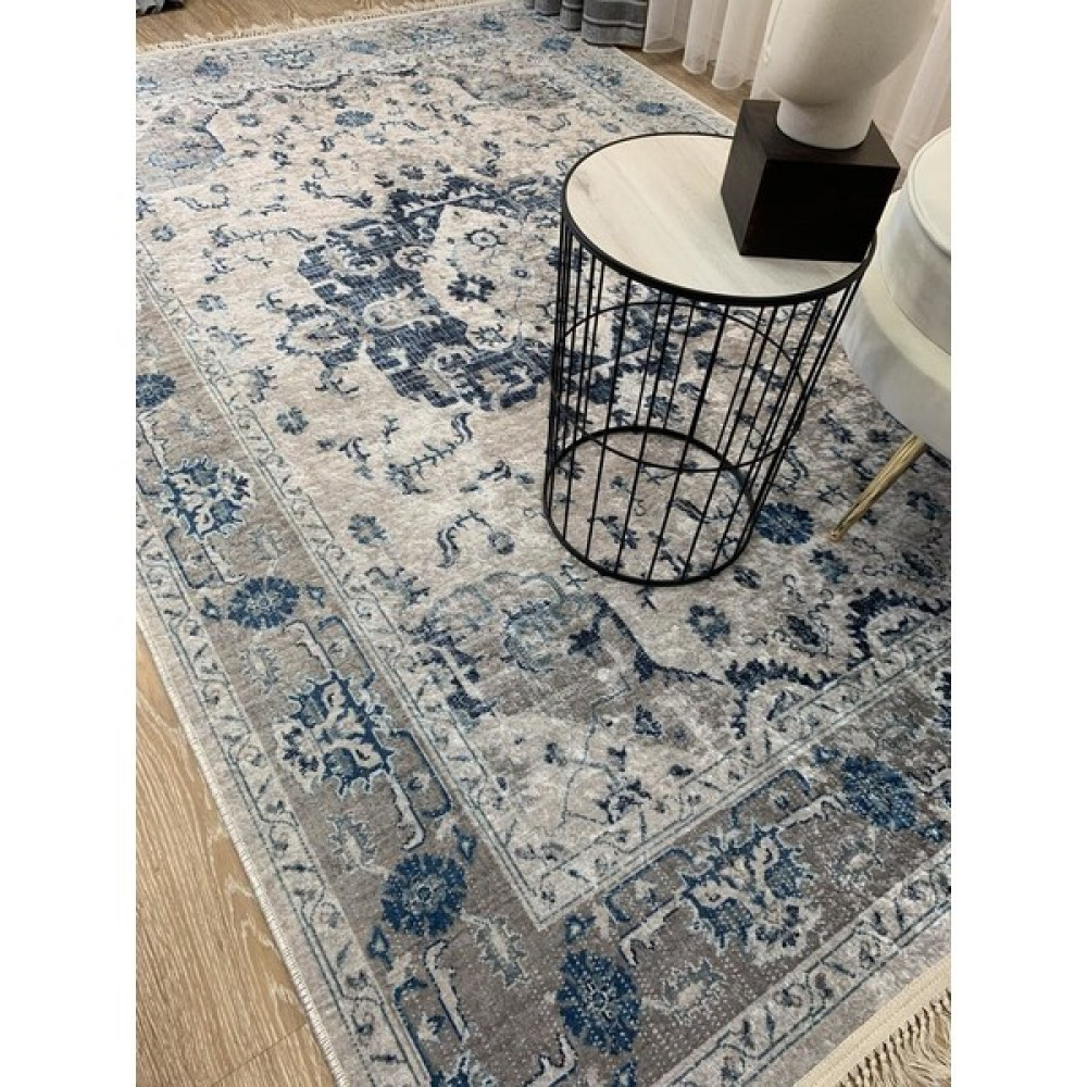 Brillant Aker Kilim Motif Lateks Kaymaz Taban Saçaklı Eskitme Halı - Lacivert - 160 x 230 cm Salon Halısı Fiyatı