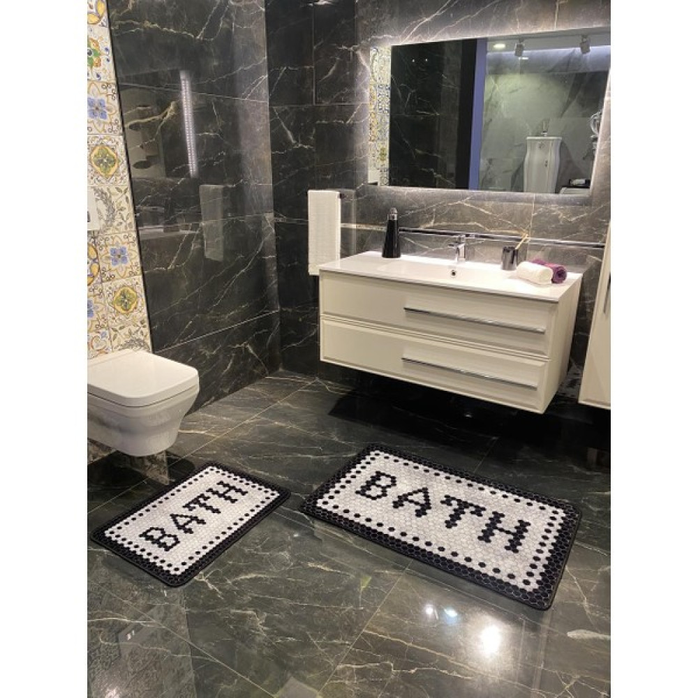 Brillant Black Bath Yazılı Desenli 2'li Kaymaz Taban Su Geçirmez Banyo Paspas Takımı (60X100 - 60X50) Klozet Takımı Fiyatı