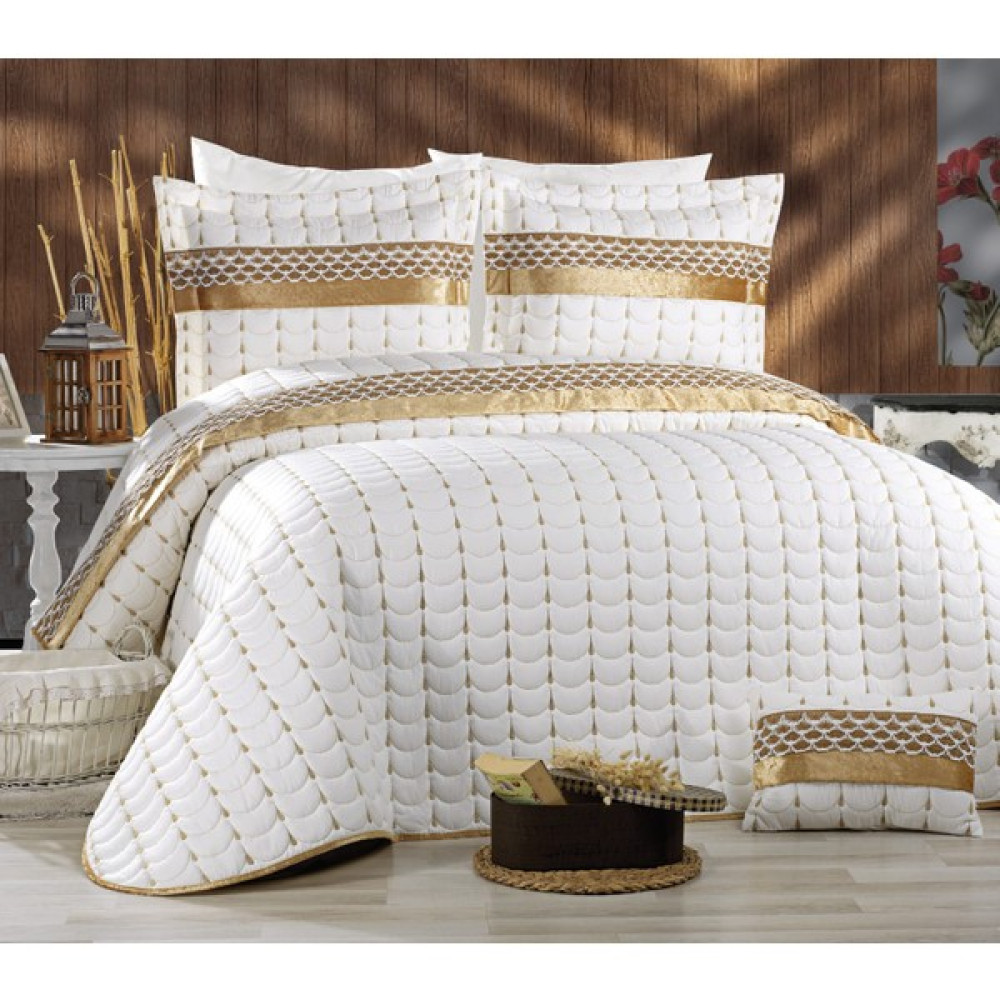 Brillant Home Çeyizlik Çift Kişilik Kadife Şeritli Dantelli Mikro Yatak Örtüsü - 250 x 260 cm - Krem - Gold Yatak Örtüsü Fiyatı