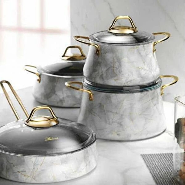 Brioni Marble 7 Parça Beyaz Tencere Seti 04.27.01.02 Tencereler Fiyatı