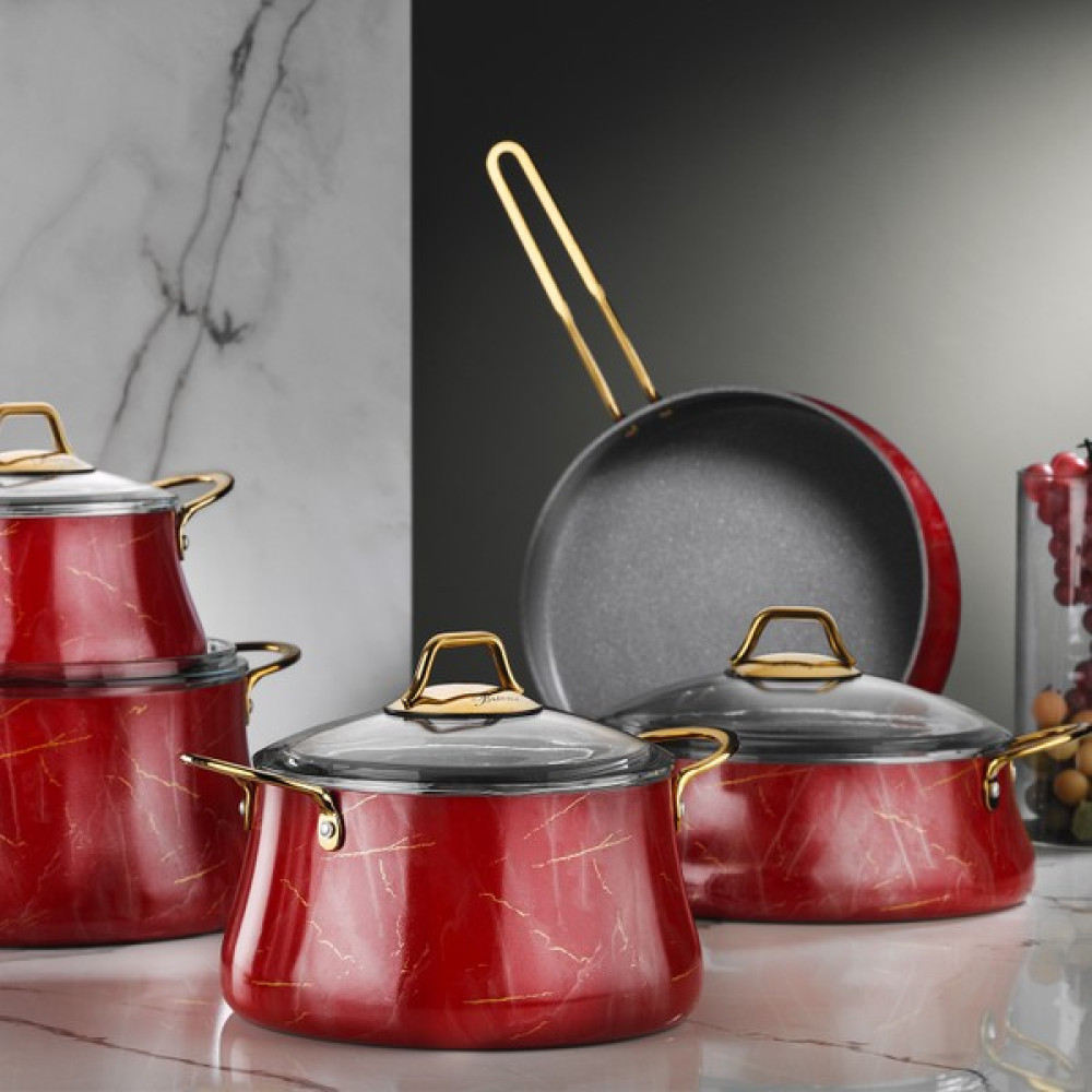 Brioni Marble 9 Parça Kırmızı Mermer-Granit Tencere Seti - 28 cm Tencere / Tava Setleri Fiyatı