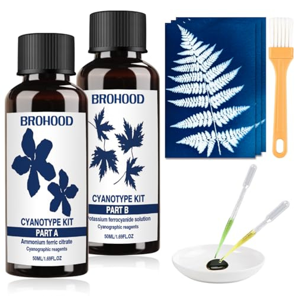 Brohood Complete Sun Printing Kit - Cyanotype Fabric & Paper Kit, 2 Part 50ml Sensitizer for Kids, Beginners & Artists Fabrics Fiyatı