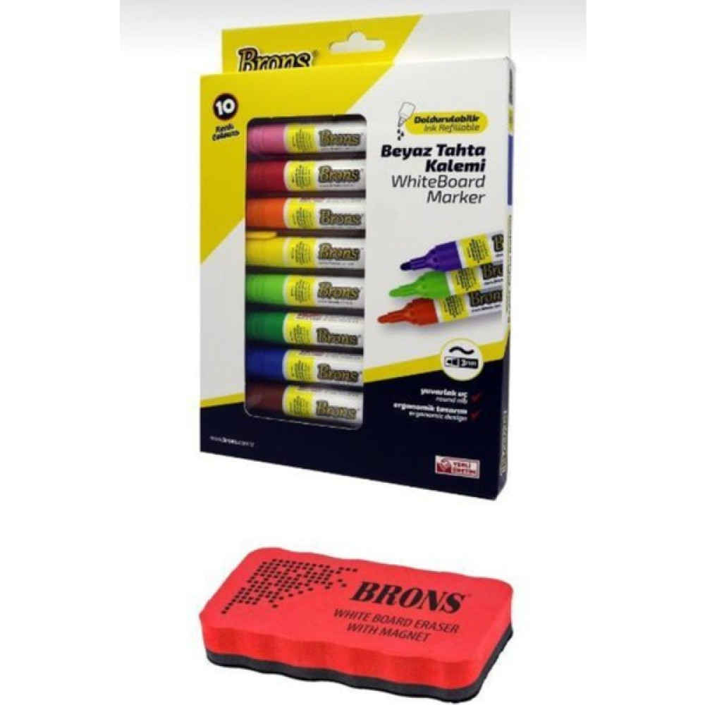 Brons Whiteboard Marker Doldurulabilir Beyaz Tahta Kalemi Seti 10 Renk + Mıknatıslı Tahta Silgisi Yazı Tahtası Kalemi Fiyatı