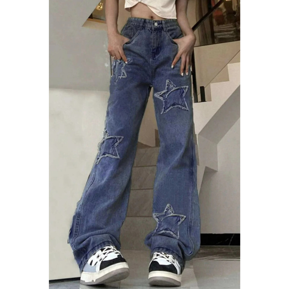 BROODs Y2K Mavi Stars Patch Detay Unisex Jeans M Beden Kadın Pantolon Fiyatı
