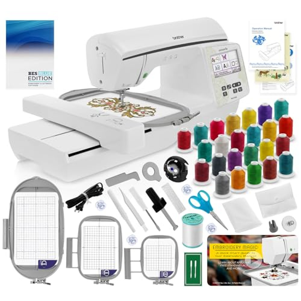 Brother NQ1700E Embroidery Machine, 6" x 10" Field Size, Cuts Jump Stitches, Wireless, Includes BES Lettering Software + Brother SA438 4" x 4" Hoop + 24 Spools of Jewel Thread + Embroidery Magic Video
