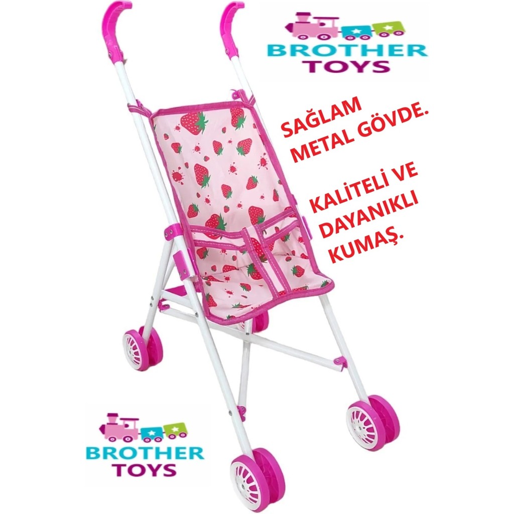 Brother Toys Çilek Desenli Metal Katlanabilir Bebek Arabası Puset Beyaz Pembe Renkli Bebek Arabası ve Pusetler Fiyatı