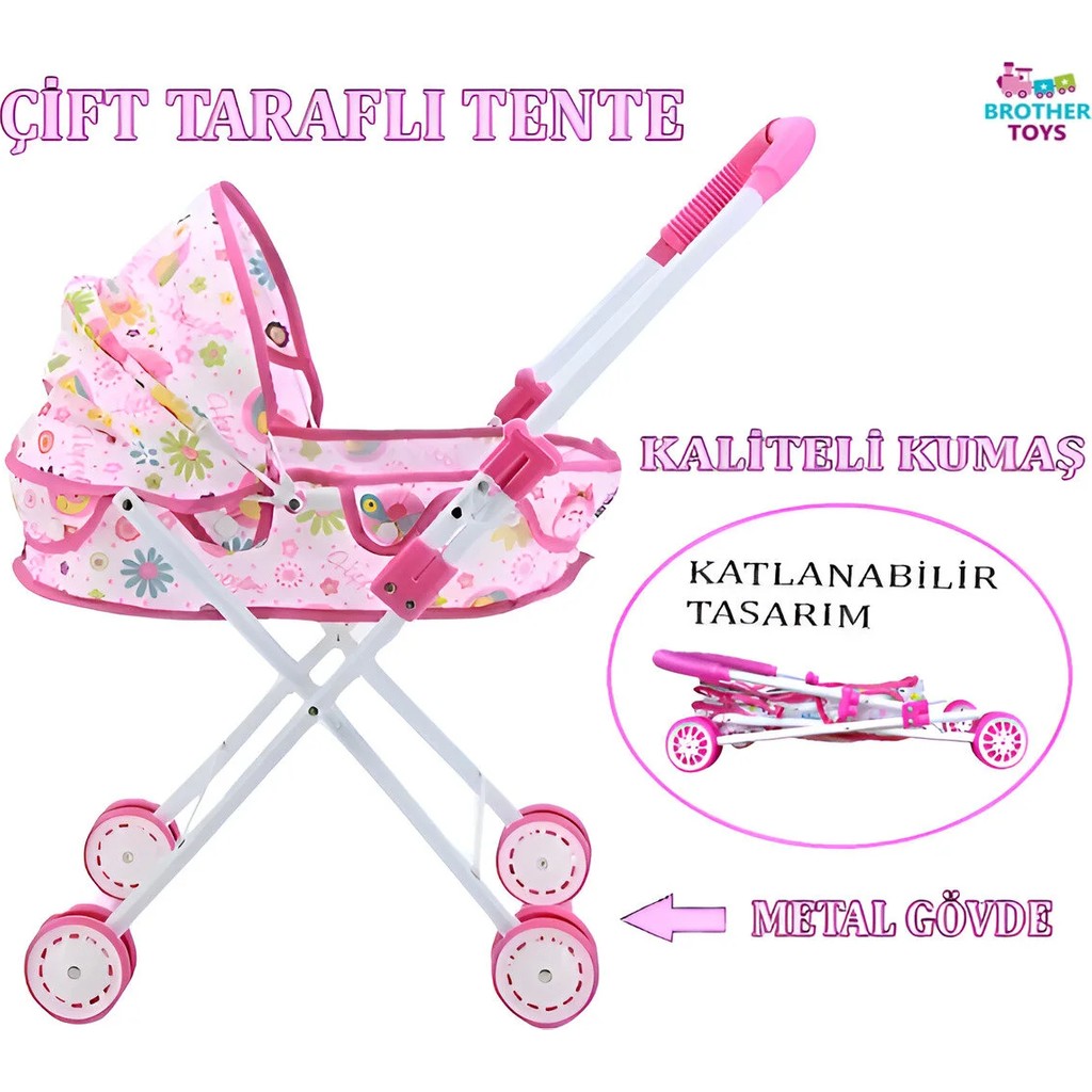 Brother Toys Yataklı ve Tenteli Puset Bebek Arabası Katlanabilir Metal Tasarım 4 Tekerlekli - Pembe - Beyaz Bebek Arabası ve Pusetler Fiyatı