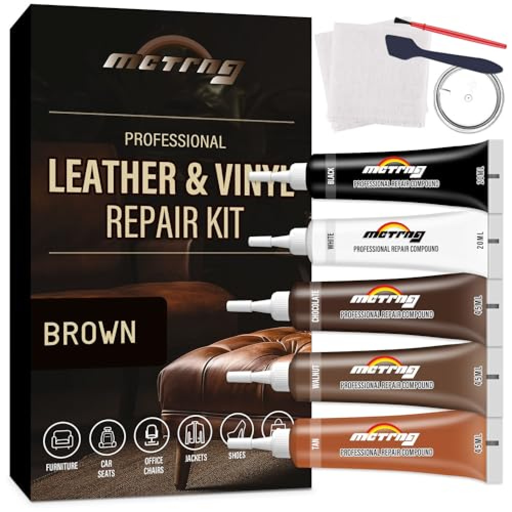 Brown Leather Repair Kit for Furniture, Couch, Vinyl and Leather Repair Kit for Sofa, Jacket, Car Seats and Purse, Restores Faux, Artificial, Genuine Pleather & Any Material, for Scratch, Tears, Holes
