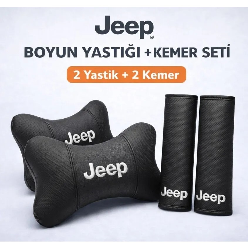 Brtshopping Jeep Logolu Boyun Yastığı ve Emniyet Kemeri Kılıfı Seti 2 Adet Boyun Yastığı + 2 Adet Kemer Yumuşak Deri Araç Içi Konfor Seti Diğer Fiyatı