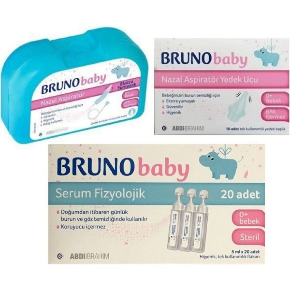 Bruno Serum Fizyolojik 20 Flakon + Bruno Baby Nazal Aspiratör Yedek Uç + Bruno Baby Nazal Aspiratör - Abdi İbrahim - 0 - 4 Yaş Bebek Bakım Fiyatı