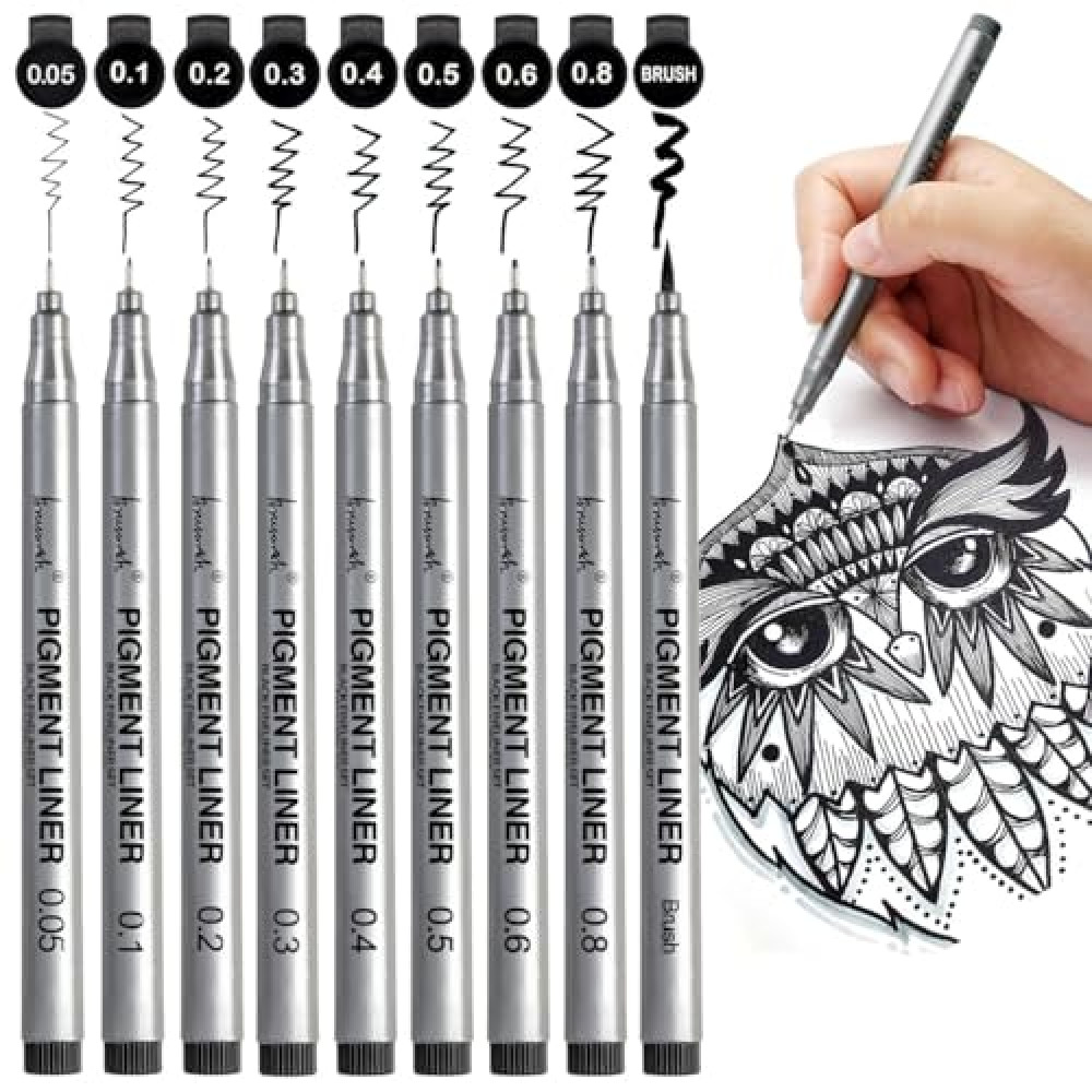 Brusarth Precision Black Micro-Pen Fineliner Ink Pens, Waterproof Archival Ink, Drawing Pens, Artist Illustration Pens, Multiliner, for Art Watercolor, Sketching, Anime, Manga, Design, 9/Set(Black)