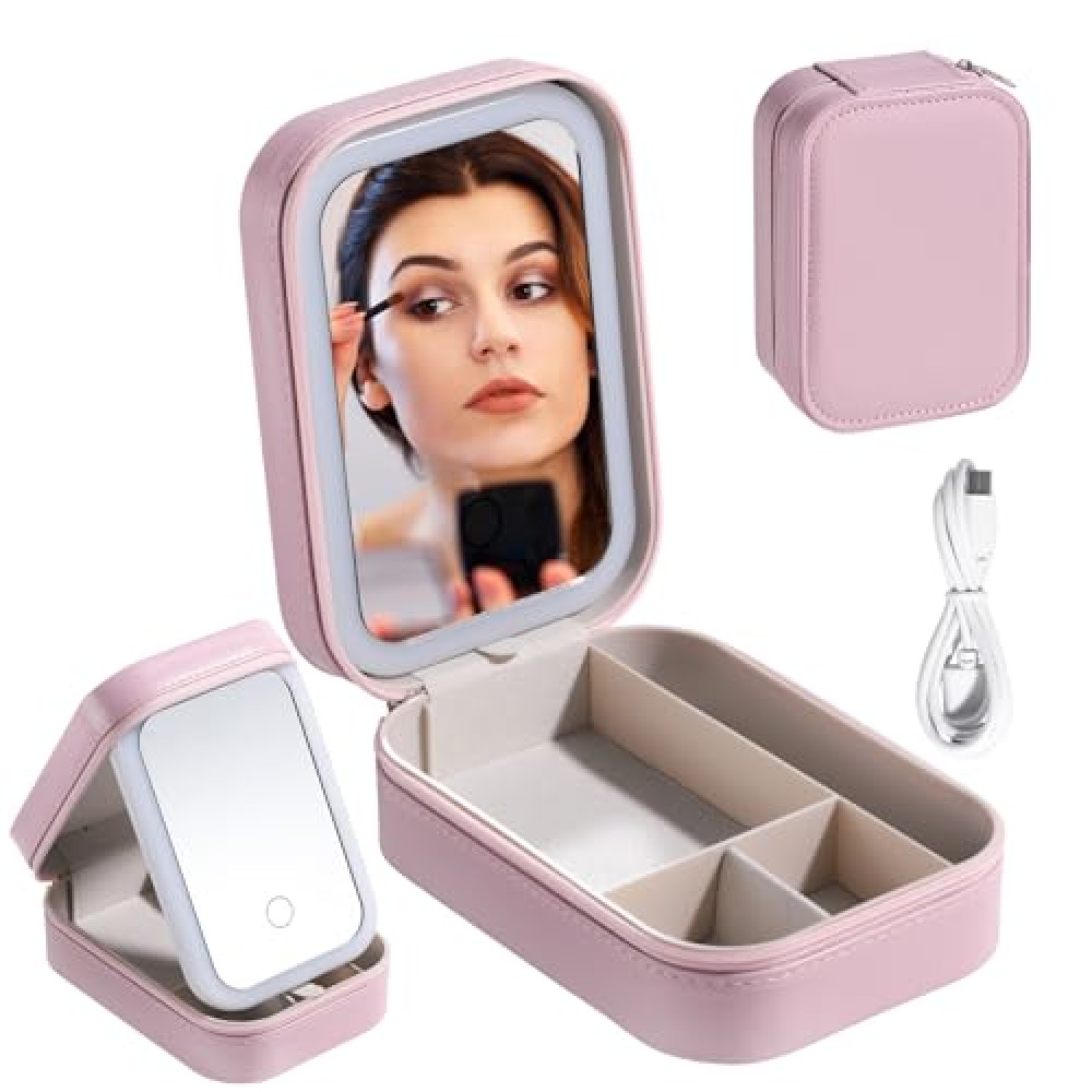 BS-MALL Travel Cosmetic Mirror Case LED Makeup Mirror Storage Case for Eyelash Station Brushes Cosmetic Tools Pink On-the-go Makeup Needs (Pink)