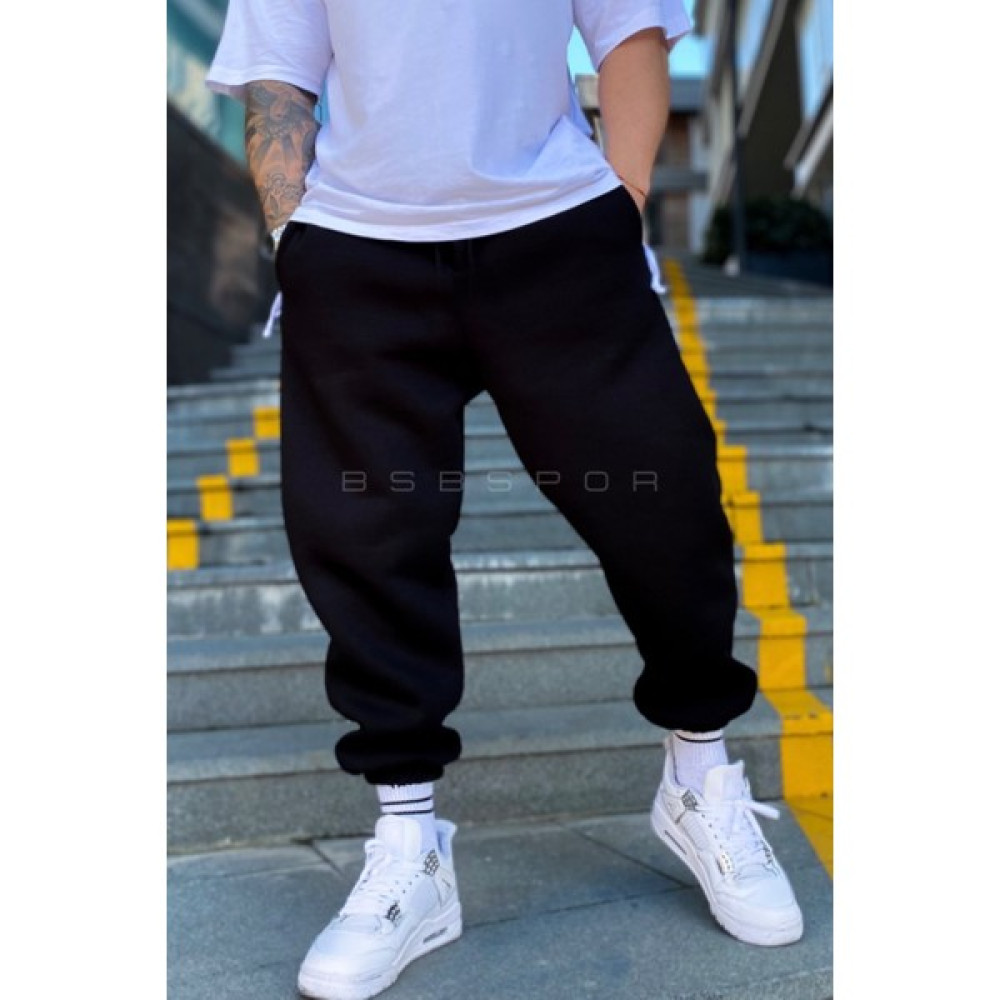 BSBSPOR Siyah Kışlık Oversize Şardonlu Lastikli Paça Kalın Eşofman Altı Jogger Salaş Içi Pamuklu Erkek Eşofman Fiyatı