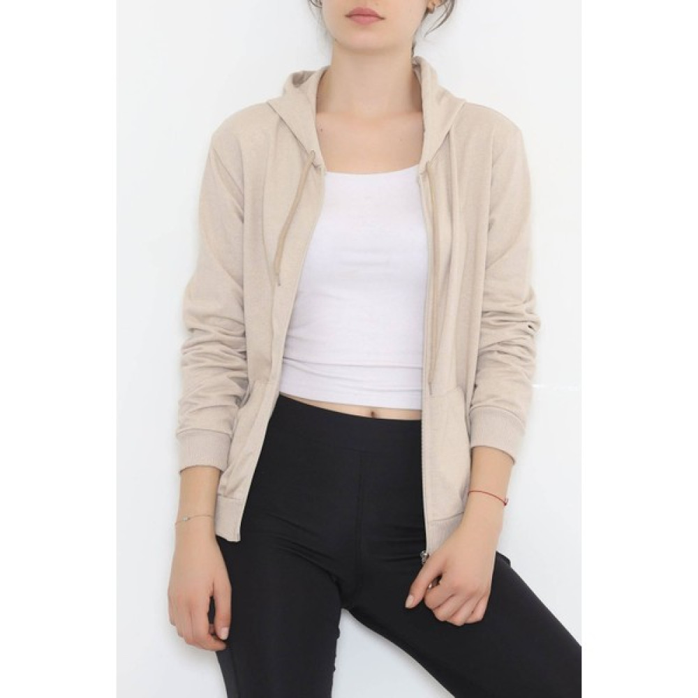 Bsd7 Kapşonlu Fermuarlı Sweat Bej - 3001.275. Bayan Sweatshirt Fiyatı