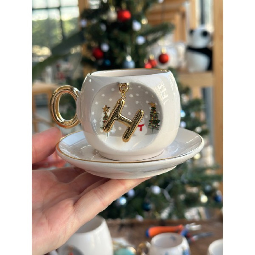 Bsk Ceramics Handmade Harfli Kış Serisi Kahve Fincanı H Harfi - Beyaz - Krem Fincan / Bardak / Kahve Takımı Fiyatı