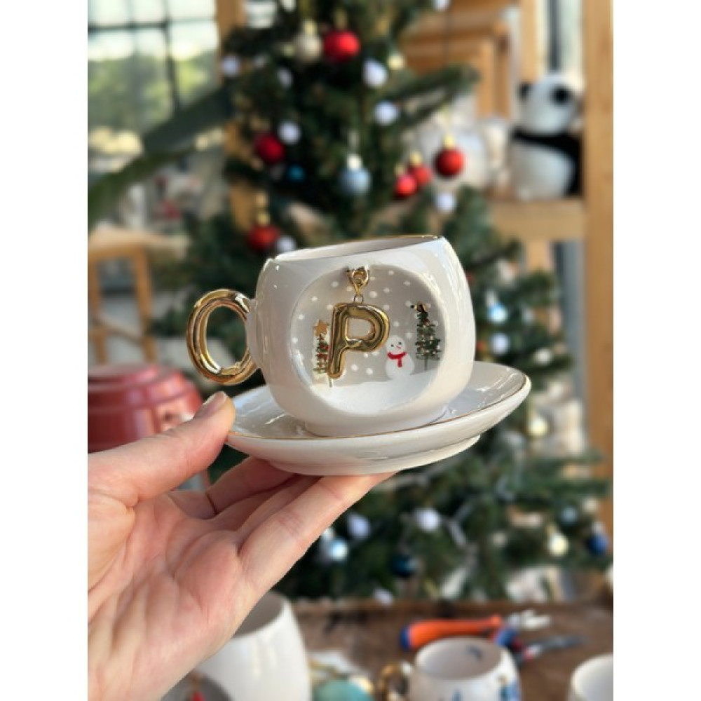 Bsk Ceramics Handmade Harfli Kış Serisi Kahve Fincanı P Harfi - Beyaz - Krem Fincan / Bardak / Kahve Takımı Fiyatı