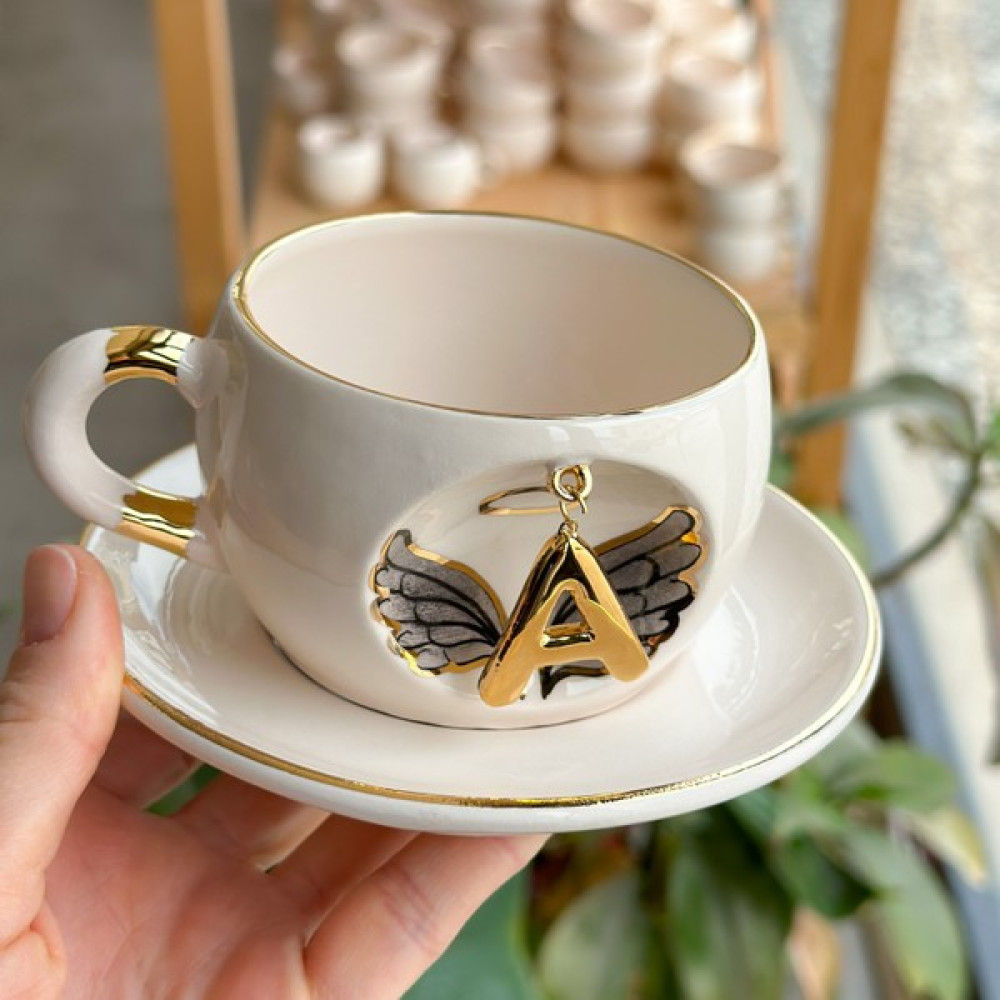 Bsk Ceramics Handmade Harfli Melek Çay Fincanı Siyah A Harfi Fincan / Bardak / Kahve Takımı Fiyatı