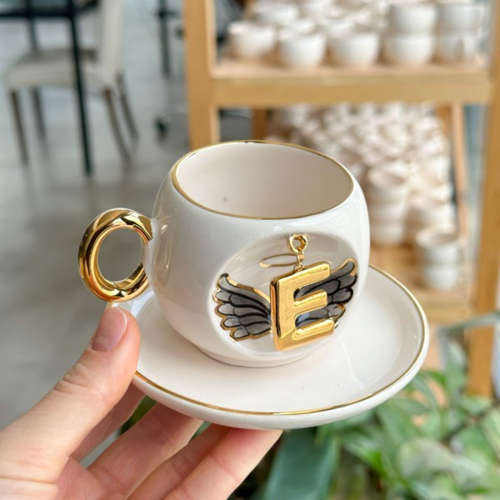 Bsk Ceramics Handmade Harfli Melek Kahve Fincanı Siyah E Harfi Fincan / Bardak / Kahve Takımı Fiyatı