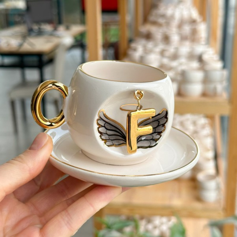 Bsk Ceramics Handmade Harfli Melek Kahve Fincanı Siyah F Harfi Fincan / Bardak / Kahve Takımı Fiyatı