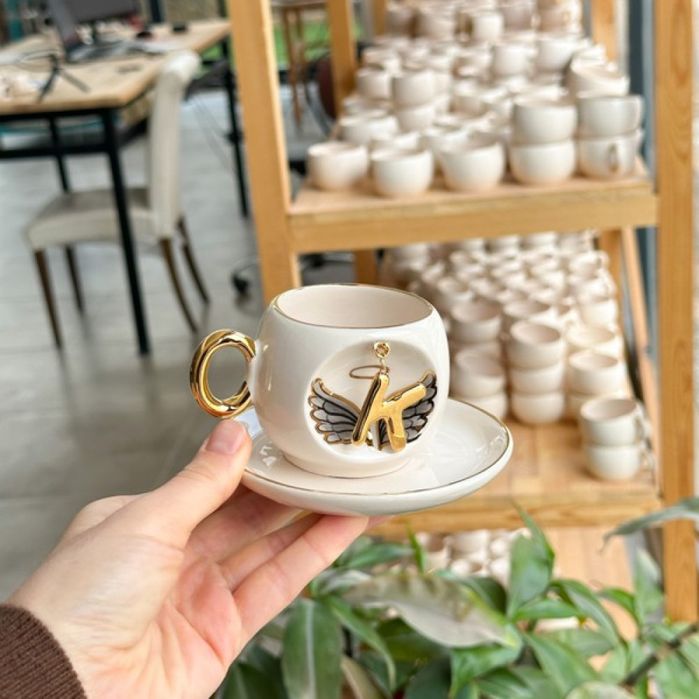 Bsk Ceramics Handmade Harfli Melek Kahve Fincanı Siyah K Harfi Fincan / Bardak / Kahve Takımı Fiyatı