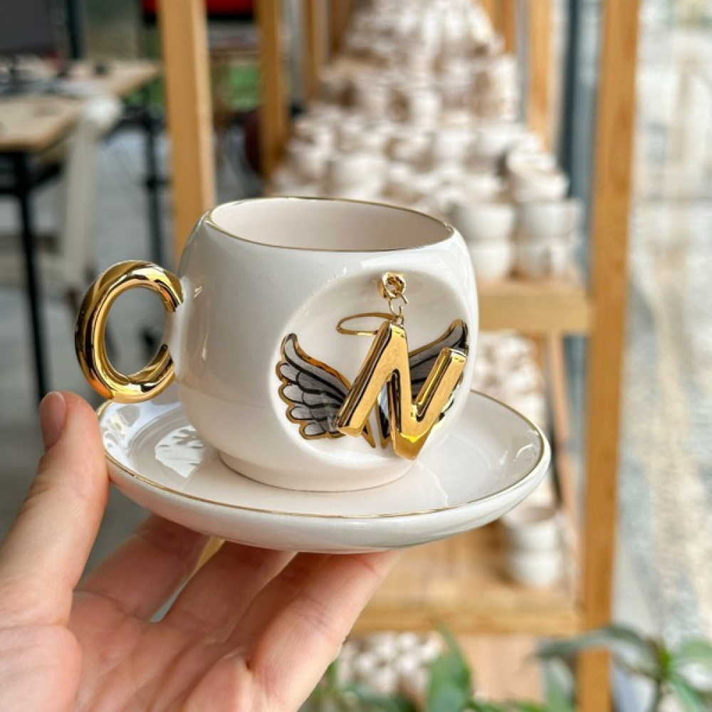 Bsk Ceramics Handmade Harfli Melek Kahve Fincanı Siyah N Harfi Fincan / Bardak / Kahve Takımı Fiyatı