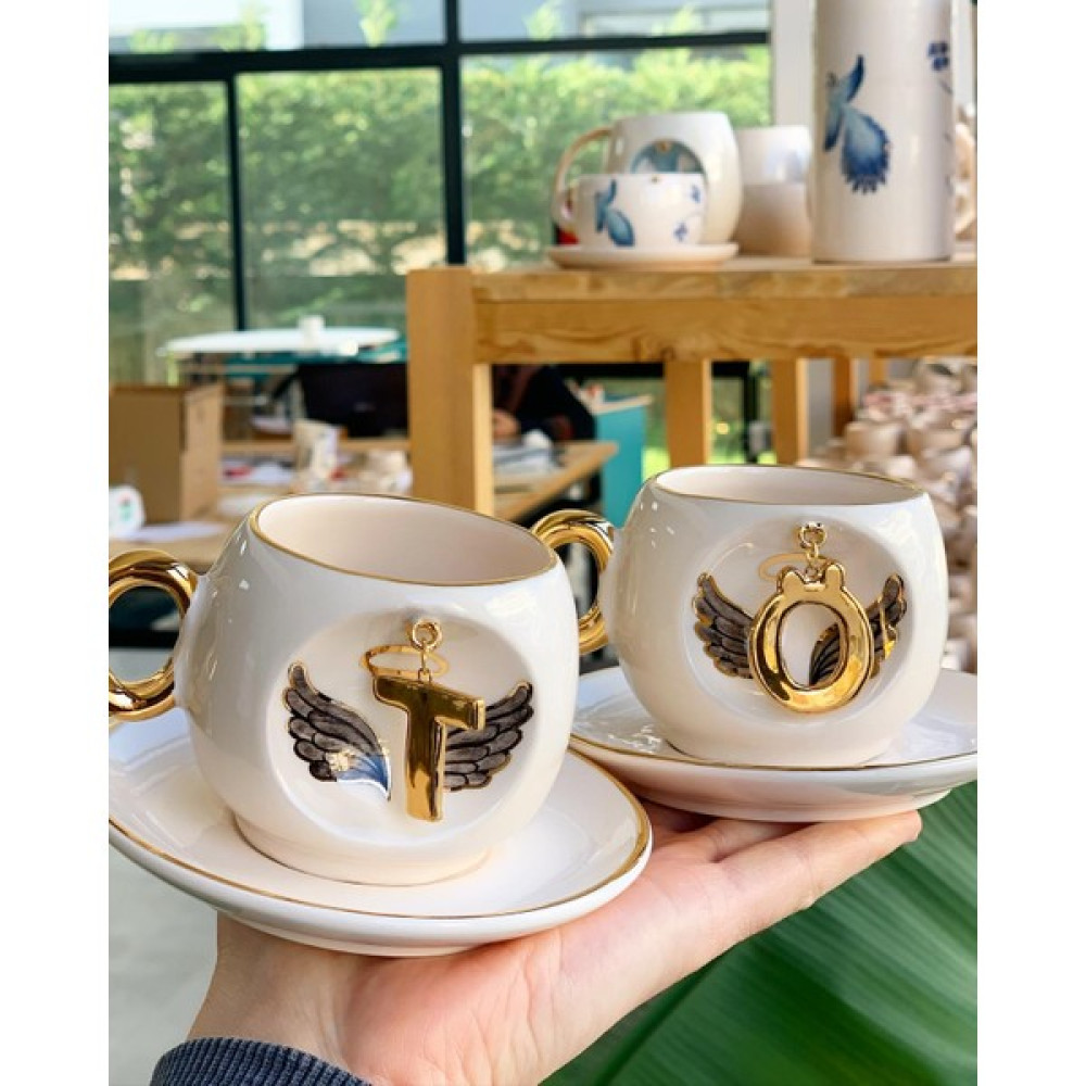 Bsk Ceramics Handmade Harfli Melek Kahve Fincanı Siyah Ö Harfi Fincan / Bardak / Kahve Takımı Fiyatı