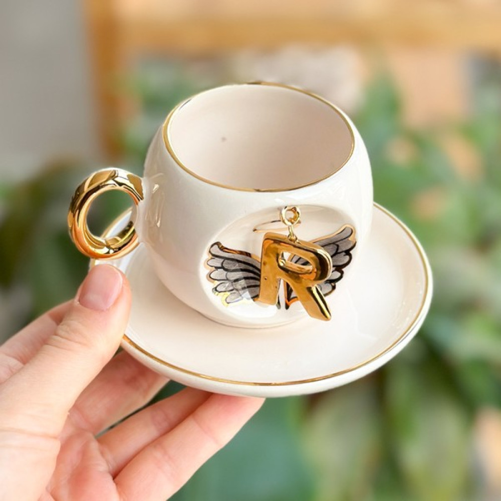 Bsk Ceramics Handmade Harfli Melek Kahve Fincanı Siyah R Harfi Fincan / Bardak / Kahve Takımı Fiyatı