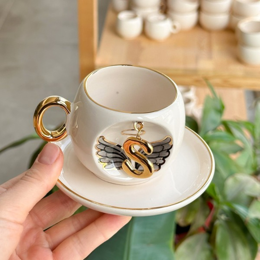 Bsk Ceramics Handmade Harfli Melek Kahve Fincanı Siyah S Harfi Fincan / Bardak / Kahve Takımı Fiyatı
