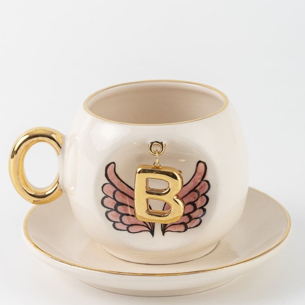 BSK Ceramics Handmade Harfli Pembe Melek Kahve Fincanı B Harfi - Beyaz Fincan / Bardak / Kahve Takımı Fiyatı