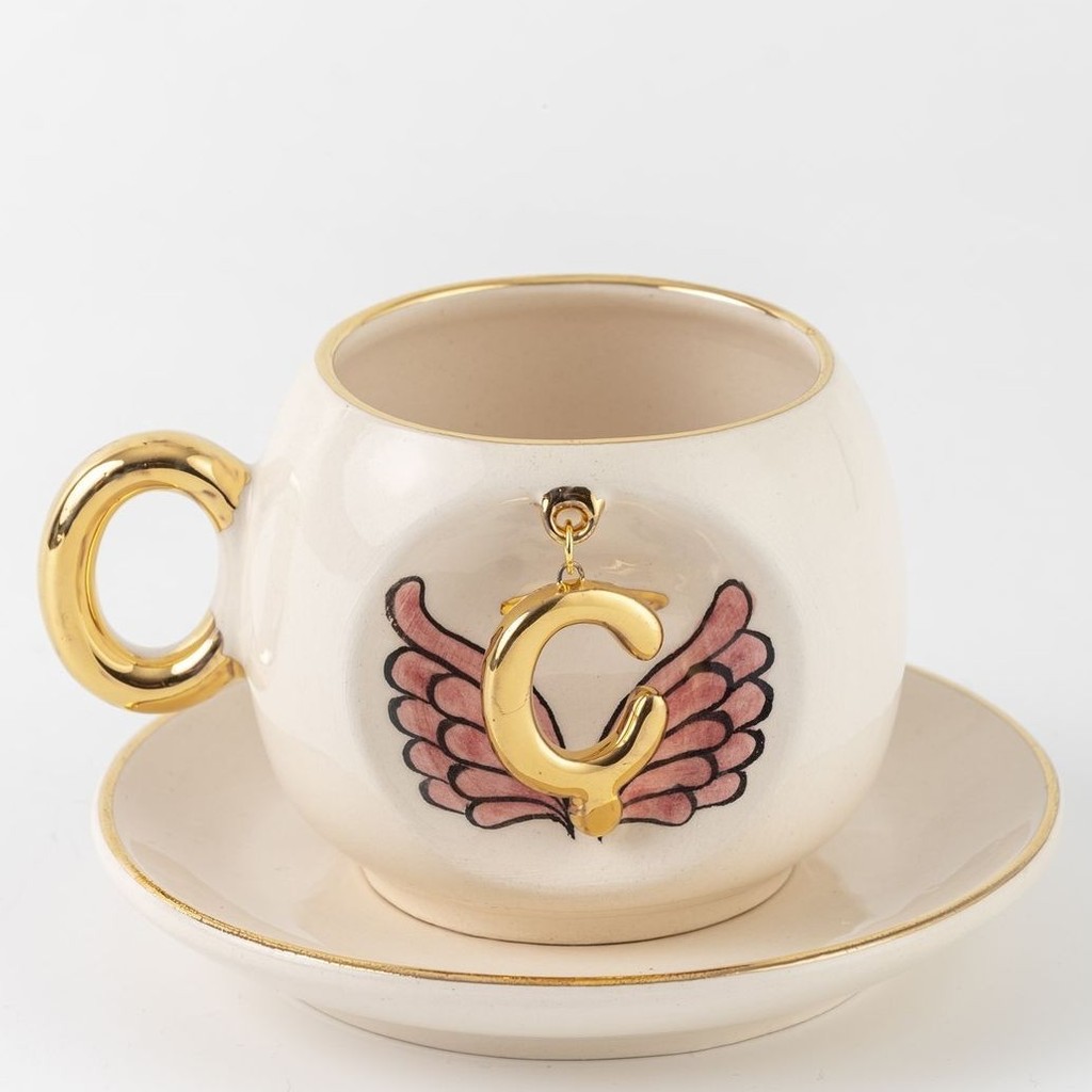 BSK Ceramics Handmade Harfli Pembe Melek Kahve Fincanı C Harfi - Beyaz Fincan / Bardak / Kahve Takımı Fiyatı
