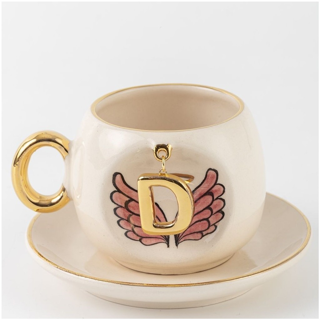 BSK Ceramics Handmade Harfli Pembe Melek Kahve Fincanı D Harfi - Beyaz Fincan / Bardak / Kahve Takımı Fiyatı