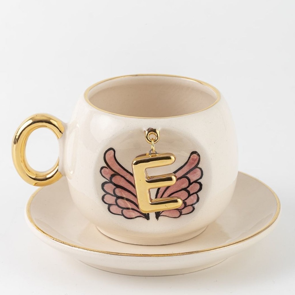 BSK Ceramics Handmade Harfli Pembe Melek Kahve Fincanı E Harfi - Beyaz Fincan / Bardak / Kahve Takımı Fiyatı